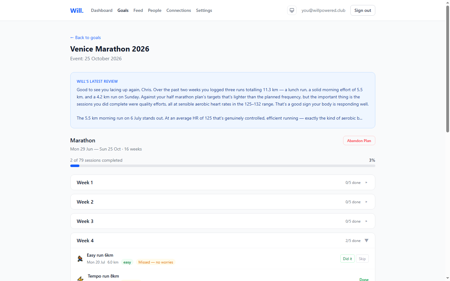 A marathon training plan with Will's review and weekly sessions